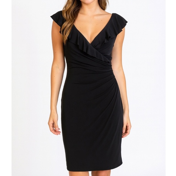 White House | Black Market Ruffled V Neck Dress Sz 4 knee length stretch LBD - Picture 1 of 9